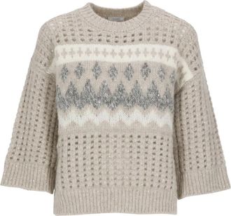 PESERICO Openwork trui - Dames - Ronde hals truien - Beige - XS - Pailletten - Truien & Vesten
