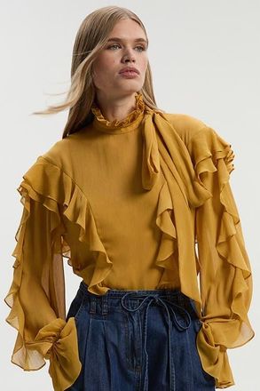 Karen Millen Georgette Ruffle Woven Pussybow Blouse in Ochre at Nordstrom, Size 2