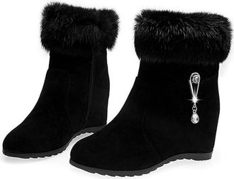 Generic Women Winter Warm Hidden Wedge Snow Booties, Faux Suede Elegant Rhinestone Slip-On Wedge Heel Boots, Thickening Lined Side Zipper Ankle Boots (7.5,Bla