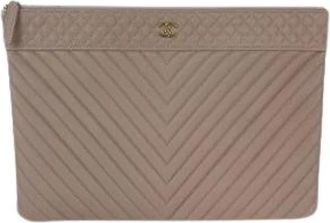 Chanel Pre-owned Caviar Chevron Gewatteerde Grote Leren Cosmetic Clutch - Dames - Vintage Clutch - Beige - ONE Size - Leer - Vintage