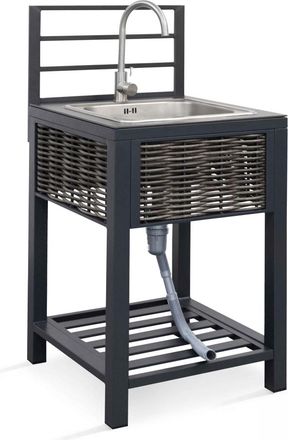 Oviala Mueble fregadero de cocina exterior de aluminio y ratán sintético