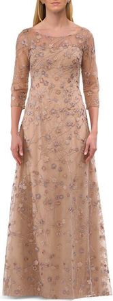 La Femme Floral Long Gown with Illusion Neckline and Three Quarter Sleeves in Cocoa at Nordstrom, Size 10