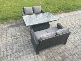 Fimous 3 Pieces Garden Furniture Sets Poly Rattan Outdoor Patio Height Adjustable Rising Lifting Table Sofa Dining Set in Dark Grey