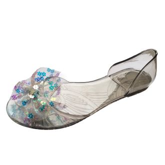 Generic Cocila Walking Sandals Womens Women Flat Sequin Shoes Jelly Mouth Transparent Grey, 4.5 WomenS Sandles Size 4 Memory Foam For Uk Wide Fitting Silver S