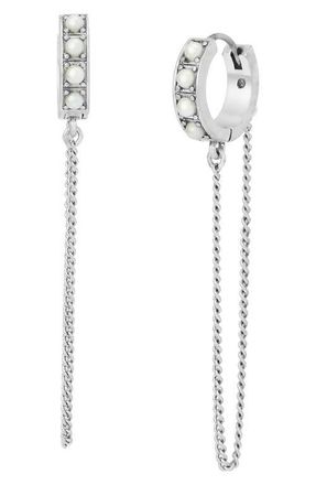 AllSaints Imitation Pearl Chain Huggie Hoop Earrings in Pearl/warm Silver at Nordstrom