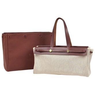 Herm&egrave;s Brown Natural Toile H Leather Shoulder Bag Tote Bag (Pre-Owned)