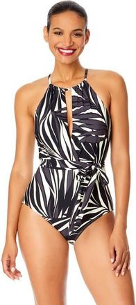 Anne Cole Womens Live In Color High Neck Plunge One Piece Swimsuit in Palm Chic at Nordstrom, Size 10