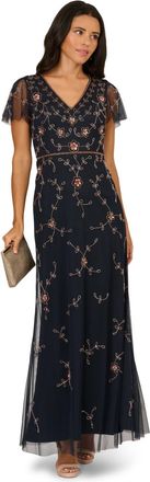 Adrianna Papell Womens Studio Bead V Neck Long Dress - Blue - Size 6 UK