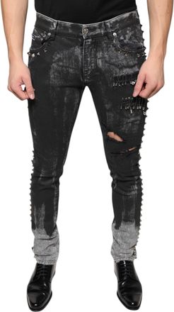 Dolce & Gabbana Mens Black Embellished Cotton Skinny Denim Jeans Elastane Clothing