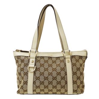Gucci Gg Canvas Beige Brown White Gg Canvas Handbag Tote Bag (Pre-Owned)
