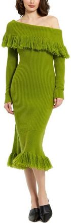 Mac Duggal Off The Shoulder Fringe Long Sleeve Knit Dress in Pear at Nordstrom, Size Medium