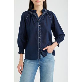 Nic+Zoe Zigzag Stitch Crinkle Cotton Button-Up Shirt in Dark Indigo at Nordstrom, Size Xx-Large