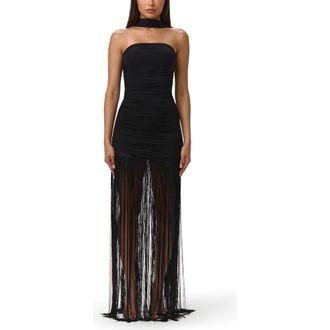 Naked Wardrobe Fringe Hem Ruched Strapless Dress in Black at Nordstrom, Size X-Large