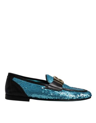 Dolce & Gabbana Blue Sequined Loafers Formal Dress Mens Shoes