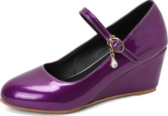 Generic Womens Mary Jane Wedge Shoes Adjustable Buckle Strap Teardrop Crystal Charm Round Toe Metallic PU Leather Non Slip Sole Comfortable Stylish Daily Shoe