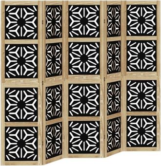 vidaXL vidaXL Room Divider 5 Panels Brown and Black Solid Wood Paulownia