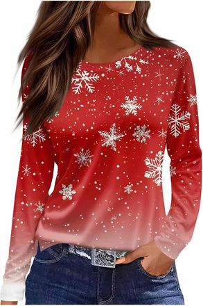Generic 2025 Christmas Tops for Women UK Casual Long Sleeve Crewneck Lightweight Shirts Fall Trendy Xmas Tree Snowflake Print Blouse Dressy Comfy Loose Fit T-