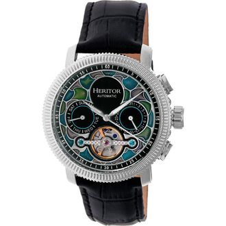 Heritor Aura Mens Semi-Skeleton Leather-Band Watch in Silver/black at Nordstrom