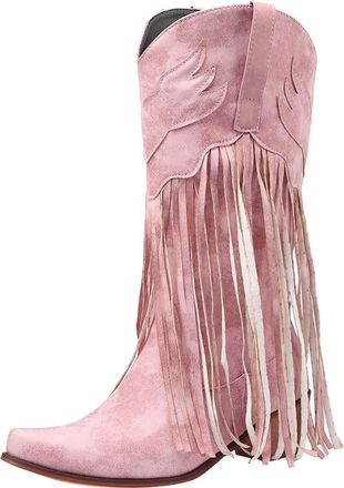 Generic cfpqv Cowboy Boots Womens Fringe Half Height Cowboy Boots Windproof Cowboy Western Boots Pointed Chelsea Boots Outdoor Wide Shaft Boots Comfortable Co