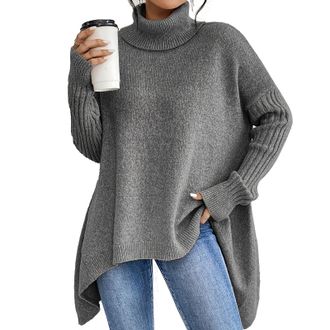 Generic Womens Fashion Solid Color Turtleneck Sweater, Oversized Drop Shoulder Asymmetrical Hem Sweater, Casual Pullover Tops (XL,Gray)