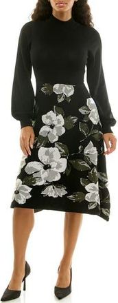 Nina Leonard Mock Neck Long Sleeve Sweater Dress in Black/cream at Nordstrom Rack, Size X-Large