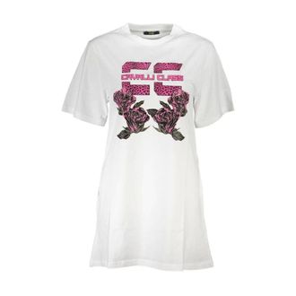 Cavalli Short Dresses, female, White, M, Rose Print Dress with Embroidered Logo