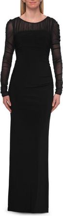 La Femme Long Sleeve Sheer Net Jersey Gown with Ruching in Black at Nordstrom, Size 10
