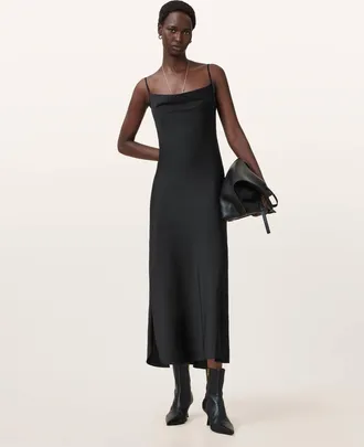 AllSaints Womens Polyester Hadley Slim Fit Midi Dress, Size: UK 16/US 12