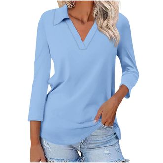 Generic Tunic Tops for Women UK Women Tops Going Out 3/4 Sleeve V Neck Basic Work Business Tees Shirt Summer Causal Fashion Solid Loose Fit Blouses Sky Blue W