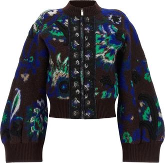 sacai Floral Jacquard Knit Blouson - Dames - Bomber jackets - Bruin - M - Wol - Jassen