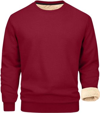 Generic Mens Fleece Round Neck Fleece Jumpers Sweatshirt Sherpa Lined Pullover Sweater Thick Warm Winter Sweatshirt Thermal Fluffy Sweatshirt Casual Solid Col