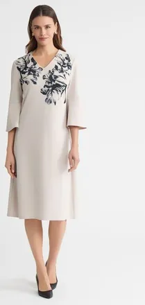 Ming Wang A-Line Floral Printed Stretch Deco Crepe Dress in Limestone/black at Nordstrom, Size Xx-Small