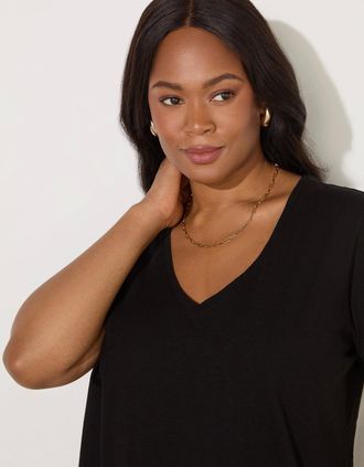 Live Unlimited London Womens Black Cotton Slub V-Neck T-Shirt - Size: 14