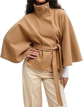 Generic Women Batwing Sleeve Ponchos Pea Coat Wool Stand Collar Belt Capes Jacket Trendy Stand Collar Belted Cloak Cape Wool Coats (2,XL)