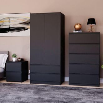 Home Discount Home Discount - 3 Piece Denver Bedroom Set, 2 Drawer Large Bedside Chest, 5 Drawer Chest, 2 Door 2 Drawer Wardrobe, Black