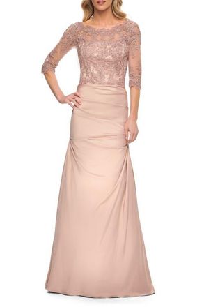 La Femme Satin and Lace Off the Shoulder Mermaid Gown in Champagne at Nordstrom, Size 14