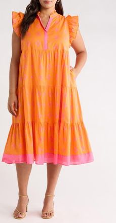 Sugarlips Donna Dot Mirna Tiered Midi Dress in Orange-Pink at Nordstrom, Size 1 X