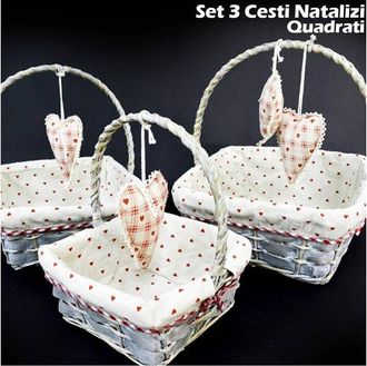 Trade Shop Trade Shop - Set 3 Cestini Natalizi Quadrati In Vimini E Tessuto Diametro 38/33/28 Cm Grigio