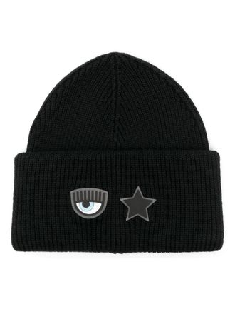 Chiara Ferragni logo-patch ribbed beanie - women - Wool/Acrylic - One Size - Black