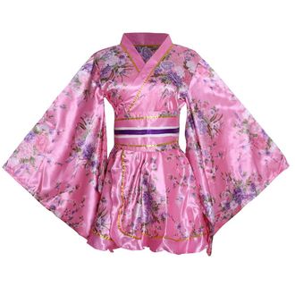 Generic Womens Sexy Short Kimono Costume Adult Japanese Geisha Yukata Prints Gown Fancy Dress with Obi Belt, 2 Pink, One Size
