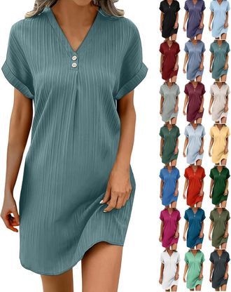 Generic Dresses for Women UK Summer Ladies Dress Elegant Short Sleeve V Neck Casaul Shift Midi Holiday Beach Shirt Sundress Boho Dress