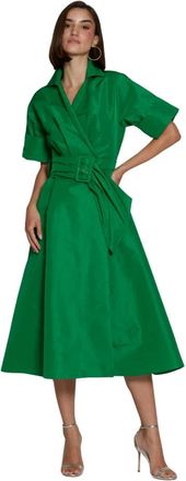 Moskada Groene Taffeta Midi Overhemdjurk - Dames - Wikkelkleedje - Groen - 2XS - Kleedjes