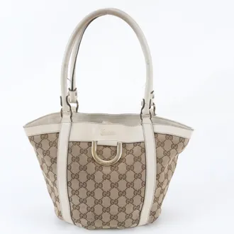 Gucci Beige Leather Canvas Handbag Shoulder Bag Tote Bag (Pre-Owned)
