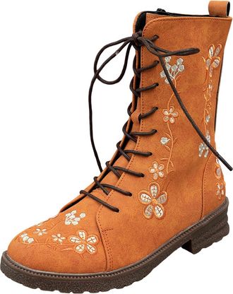 Generic Womens Ankle Boots Flower Embroidery Biker Boot Lace Up Riding Boots Faux Leather Combat Boot Ladies Retro Mid Calf Booties with Side Zipper Shoes Wes