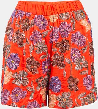 Maje Orange Floral Sequin Embroidered Crepe Izul Shorts
