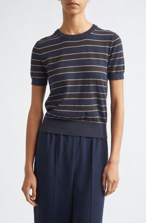 Vince Stripe Short Sleeve Cotton & Cashmere Sweater T-Shirt in Dark Thyme Combo at Nordstrom, Size Xx-Small