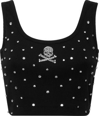 Philipp Plein Jersey Rib Cropped Top Stones - Dames - Tops zonder mouwen - Zwart - XL - Katoen - Tops