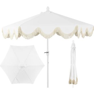 Jonathan Y Designs Collins Bohemian Fringe Outdoor Patio Umbrella with Crank Lift and Tilt, Scalloped UV-Resistant Canopy, Aluminum Pole in White at Nordstrom