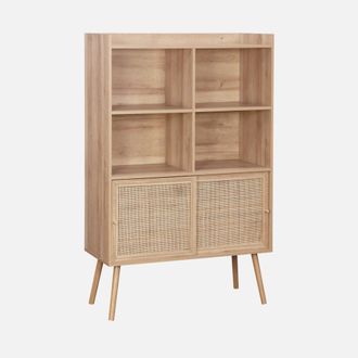 Sweeek Librer&iacute;a De 5 Estantes, Puertas Correderas, Efecto Madera Y Ca&ntilde;a