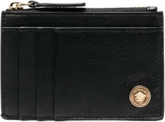 Versace Zwarte portemonnee met rits en kaarthouder - Heren - Portefeuilles - Zwart - ONE Size - Leer - Accessoires